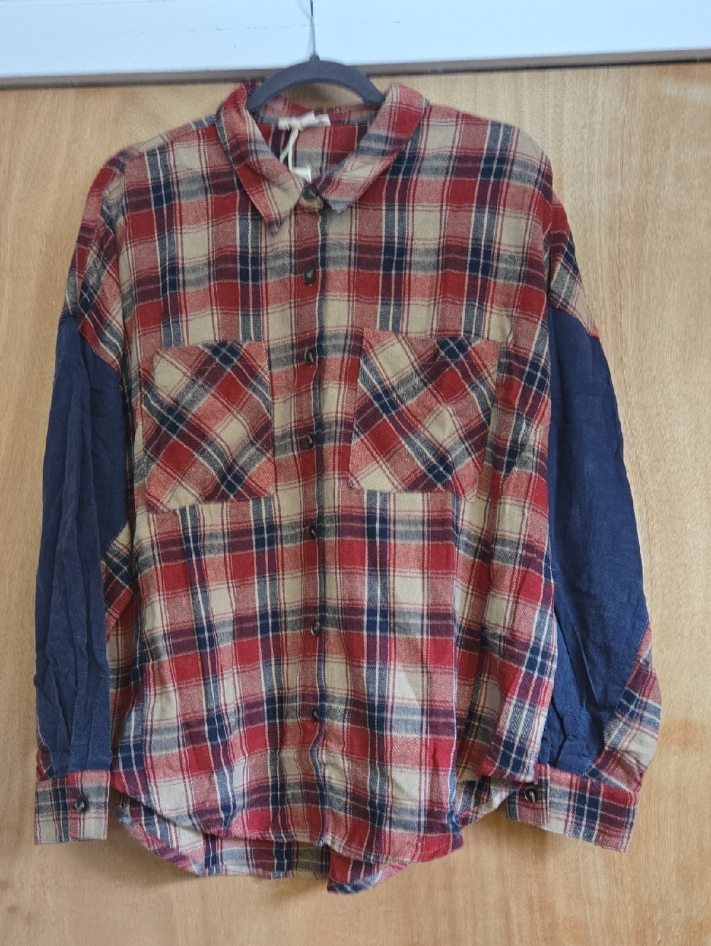 Hem & Thread Red and Cream Plaid Button-Down with Navy Contrast Sleeves